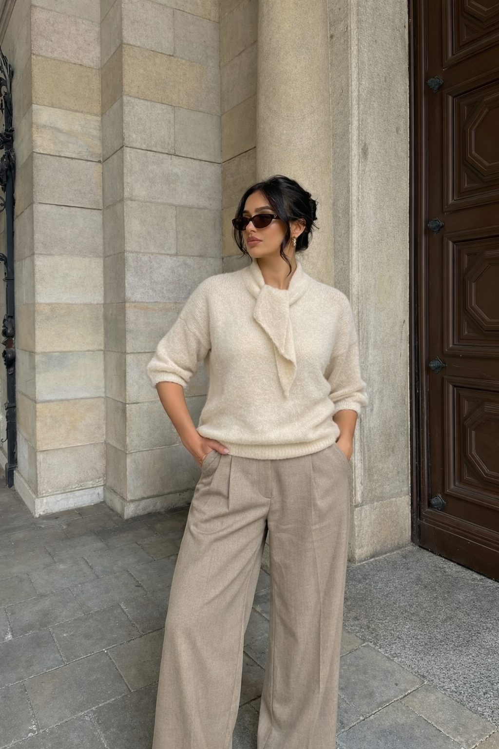 Pull col foulard-Crème 