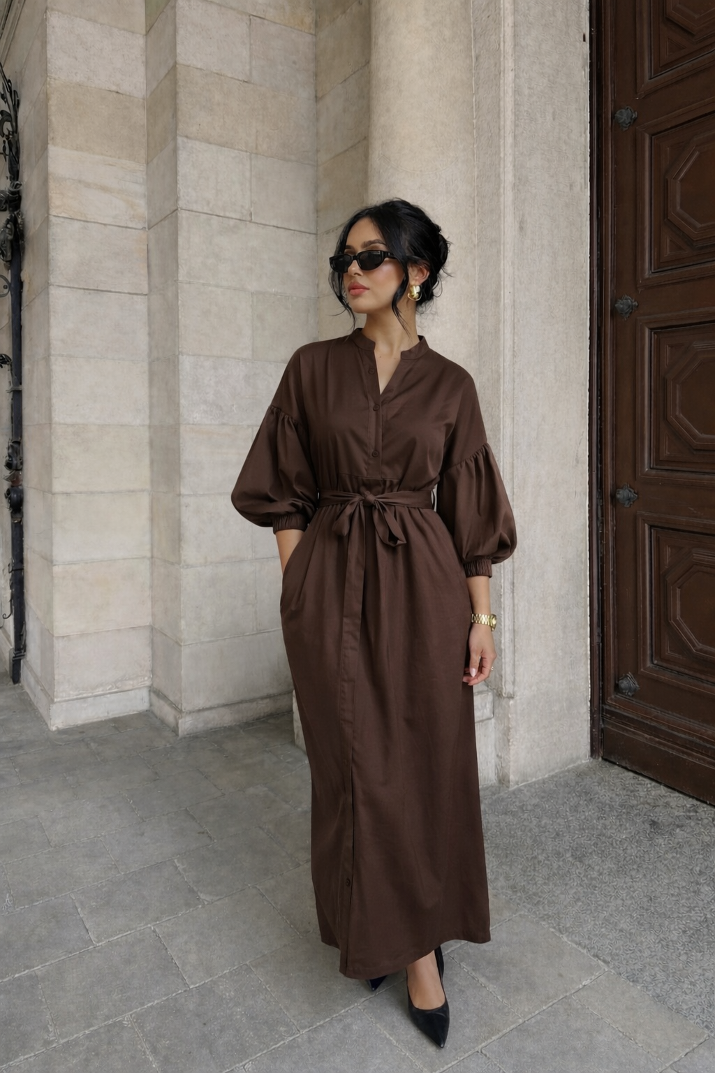Robe longue manches bouffantes - Marron  — 1
