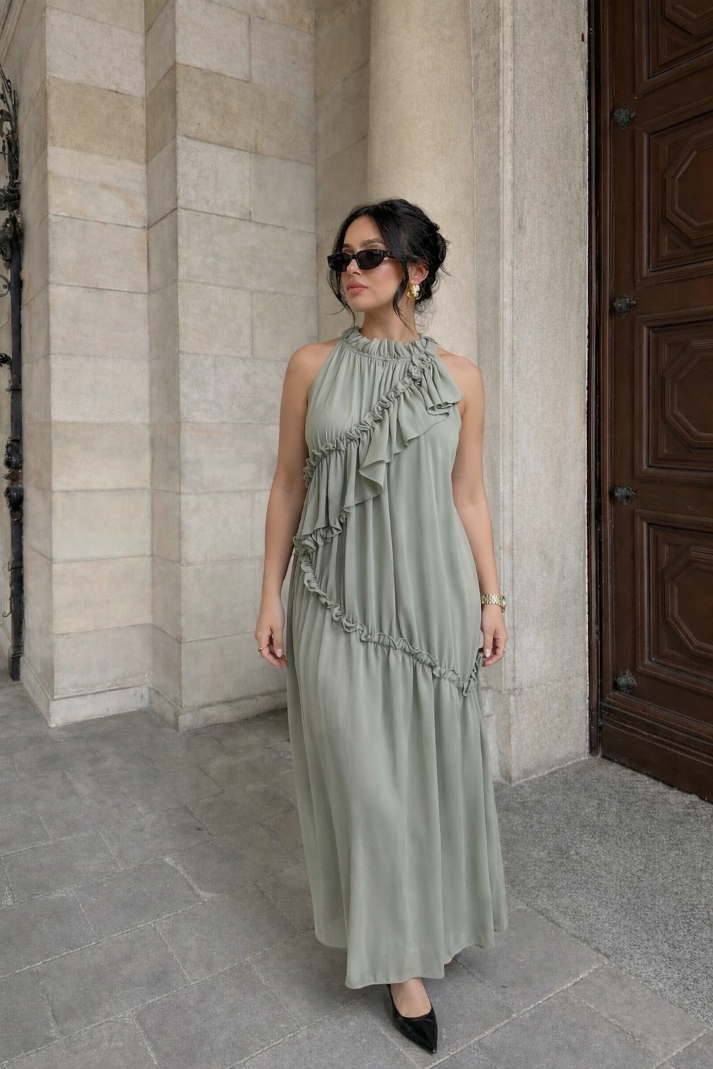 Robe longue fluide à volants - Tilleul — 1