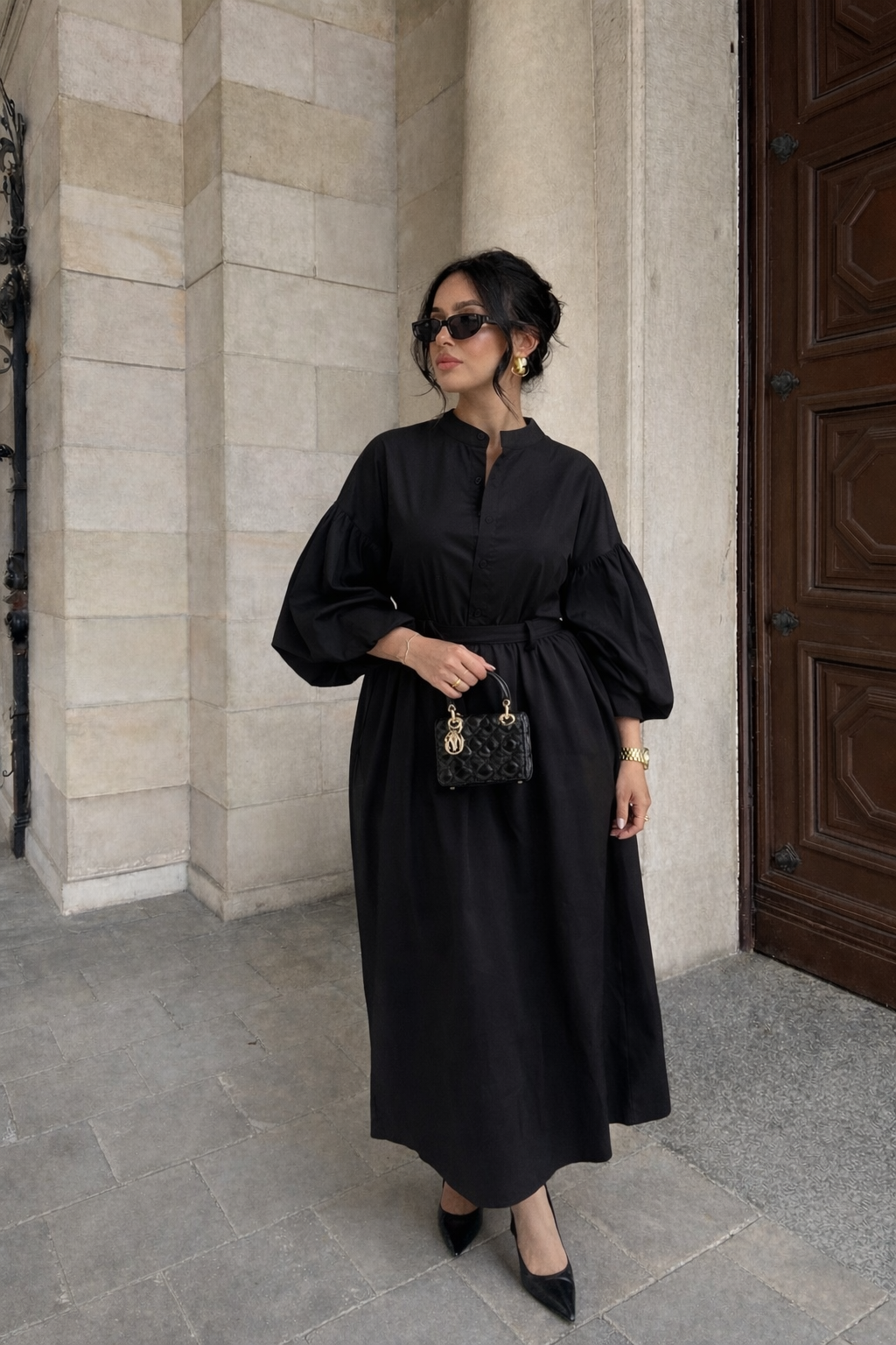 Robe longue à manches bouffantes - Noire