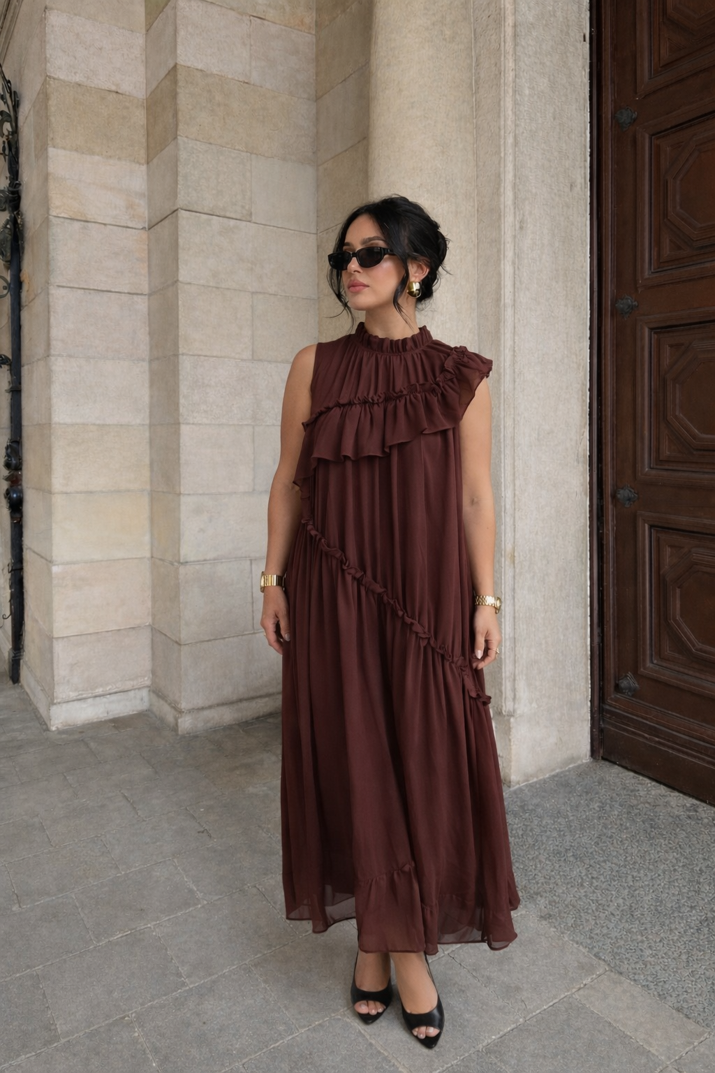 Robe longue fluide à volants - Marron