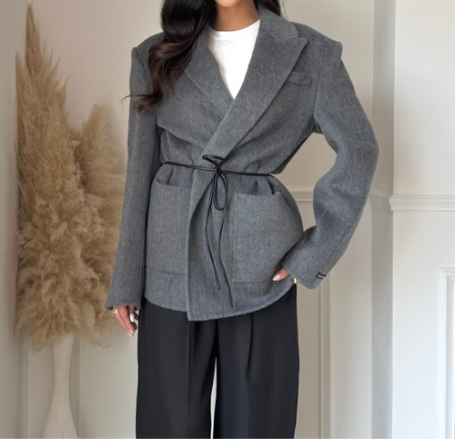 Manteau Blazer Ceinturé en Cachemire – Gris