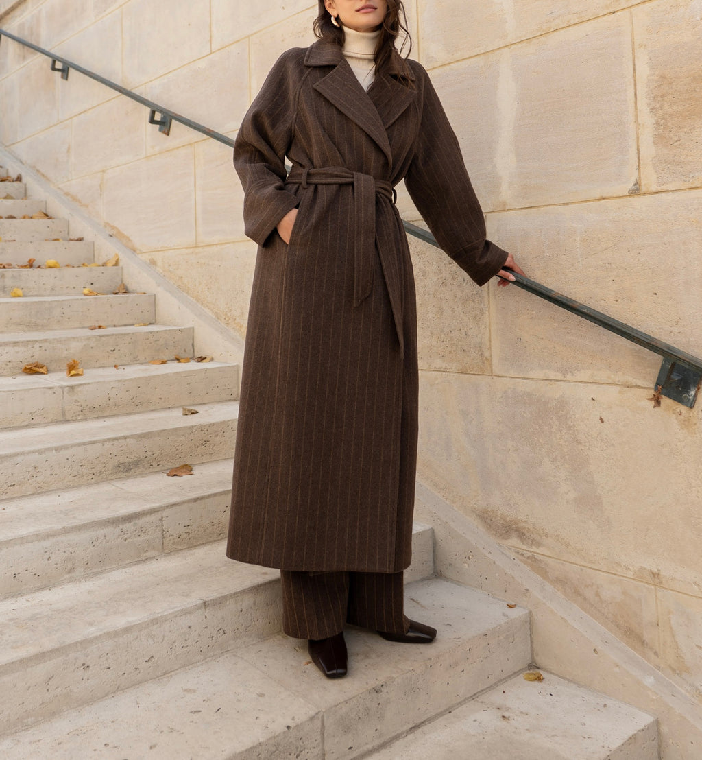 Manteau ceinturé marron coffee en laine