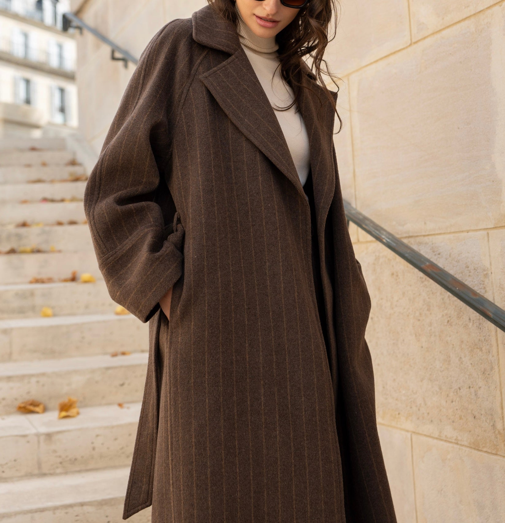 Manteau ceinturé marron coffee en laine
