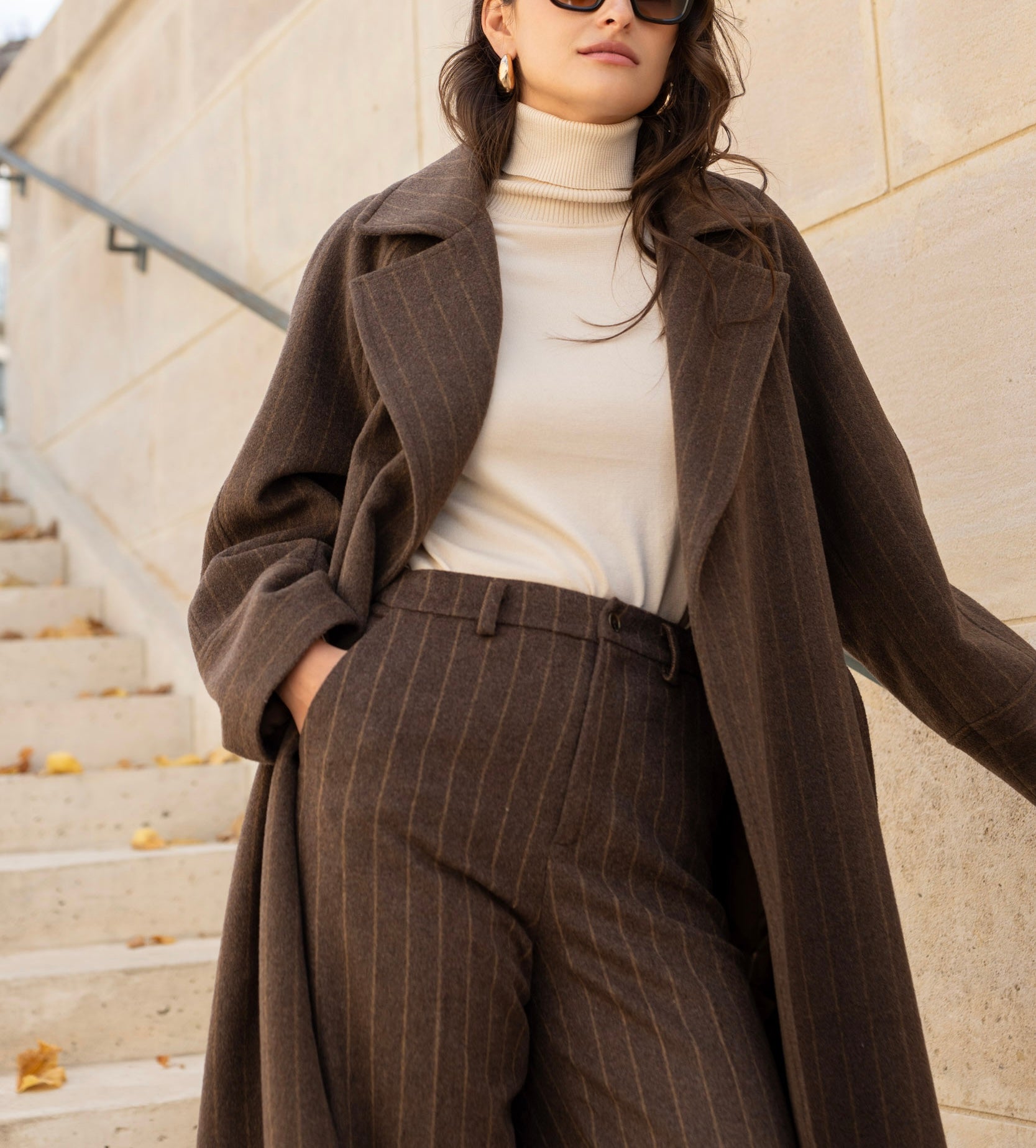 Manteau ceinturé marron coffee en laine