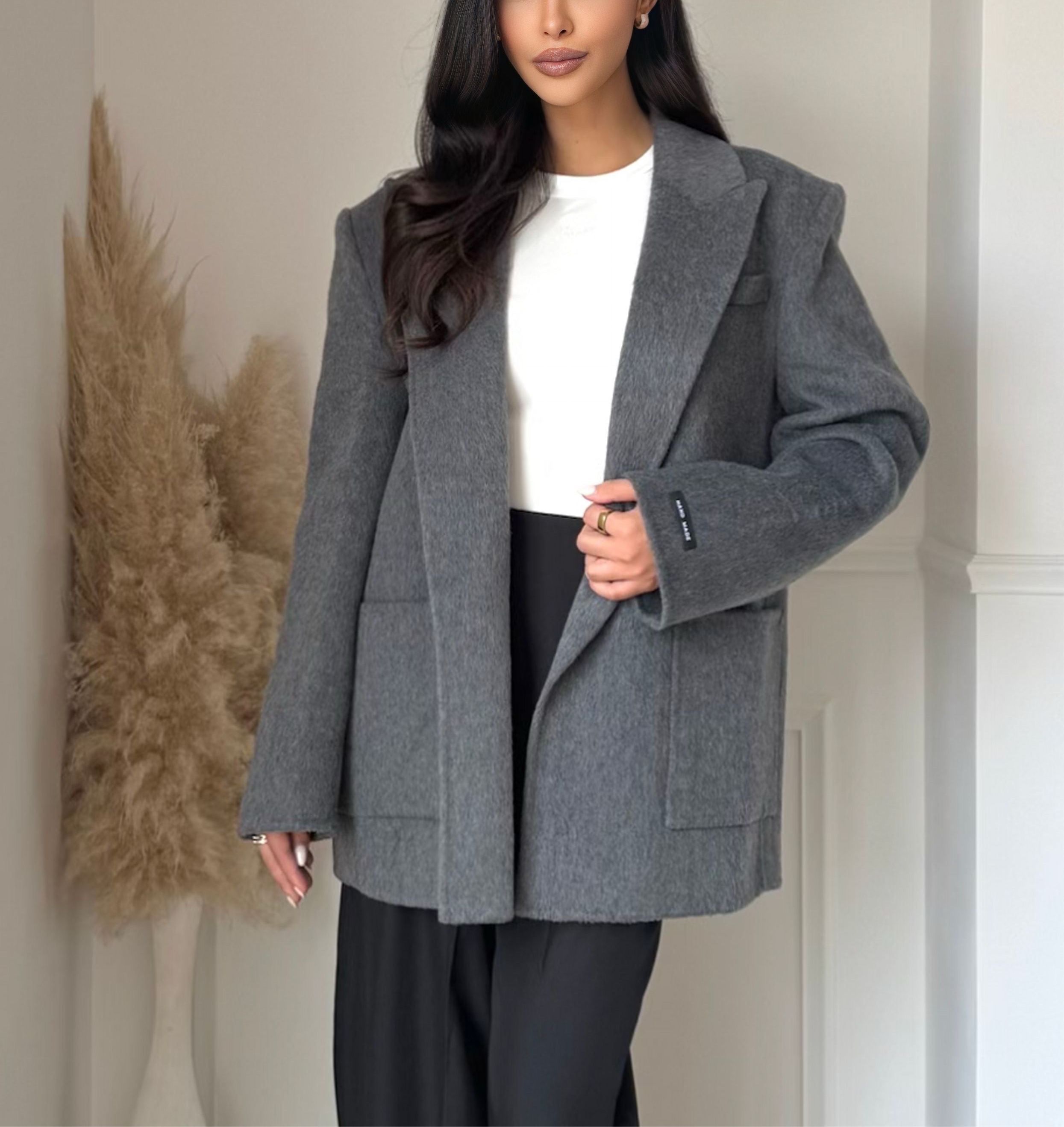 Manteau Blazer Ceinturé en Cachemire – Gris