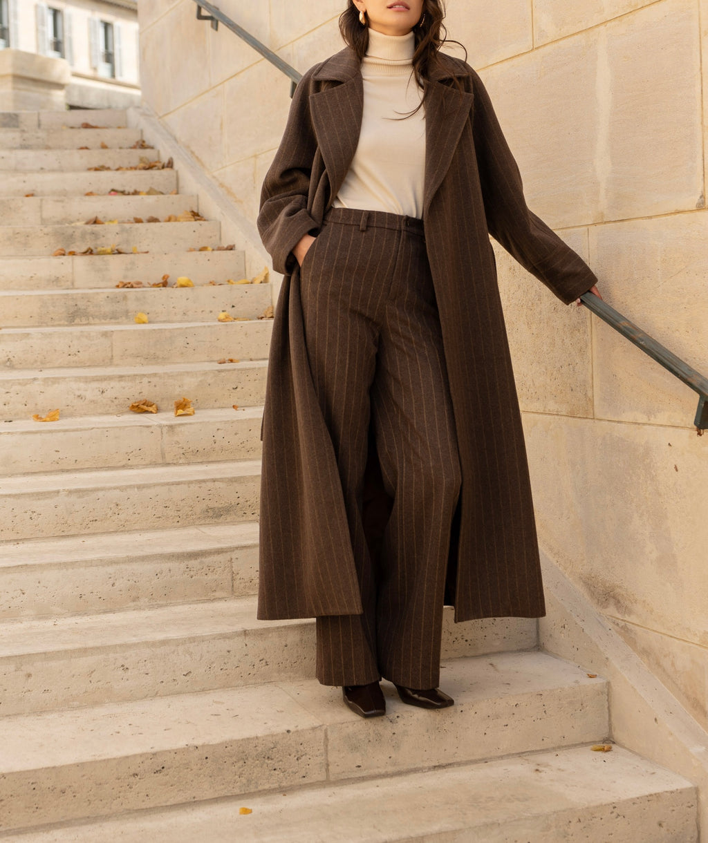 Manteau ceinturé marron coffee en laine