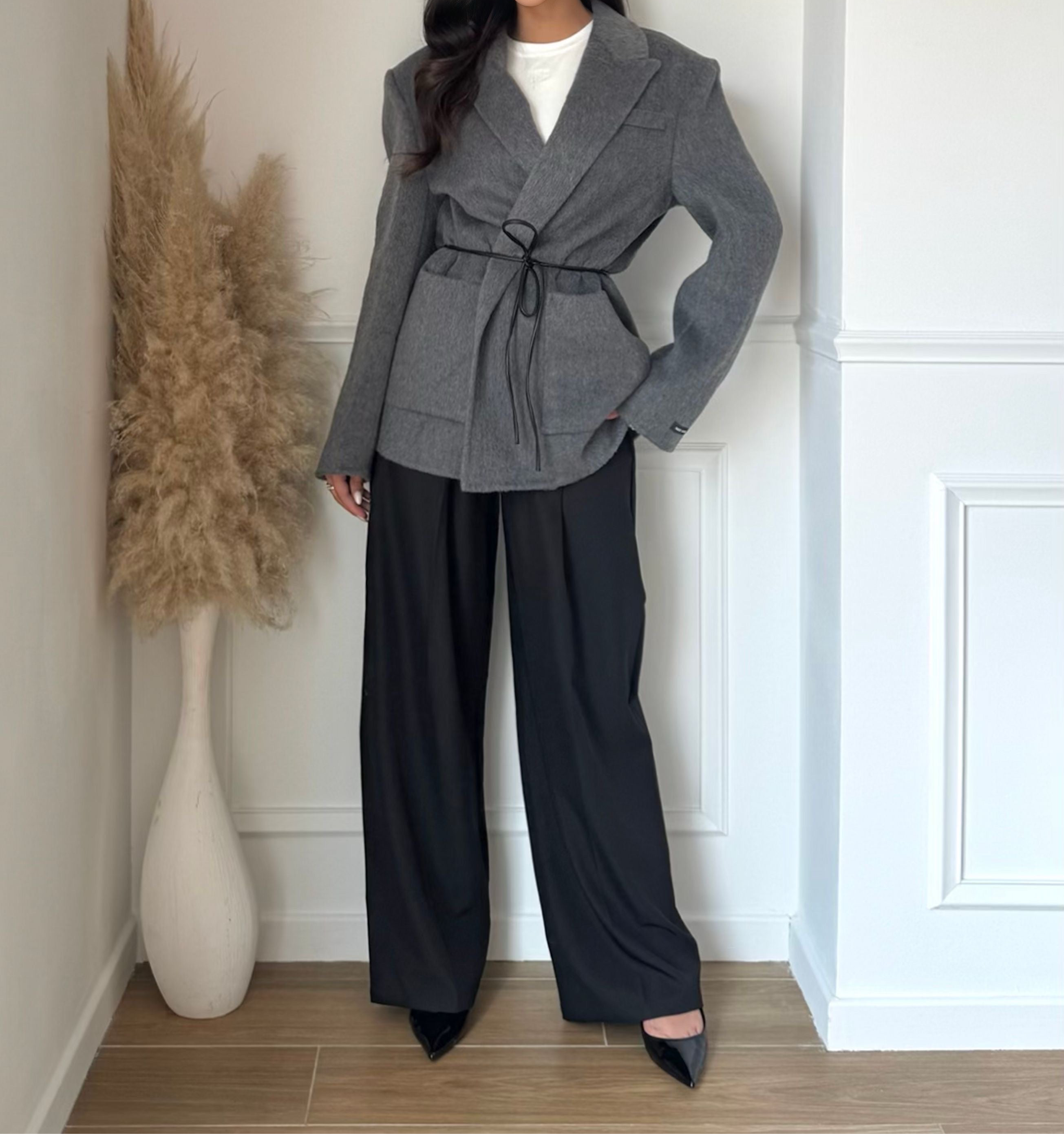 Manteau Blazer Ceinturé en Cachemire – Gris
