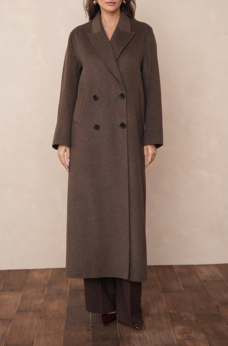 Manteau long double-boutonnage en laine marron chocolat – Fait main