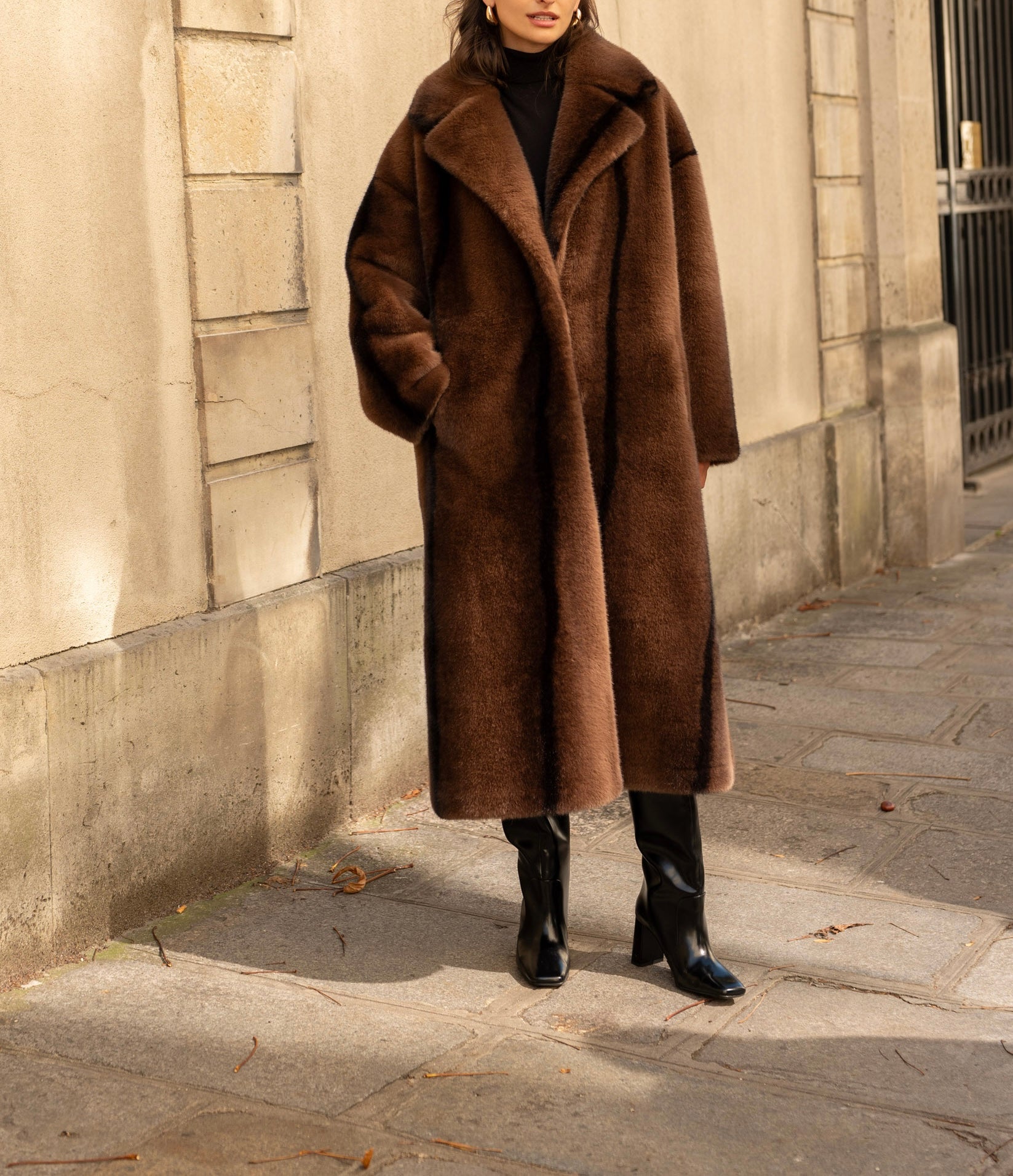 Manteau long en fausse fourrure Coffee/Black