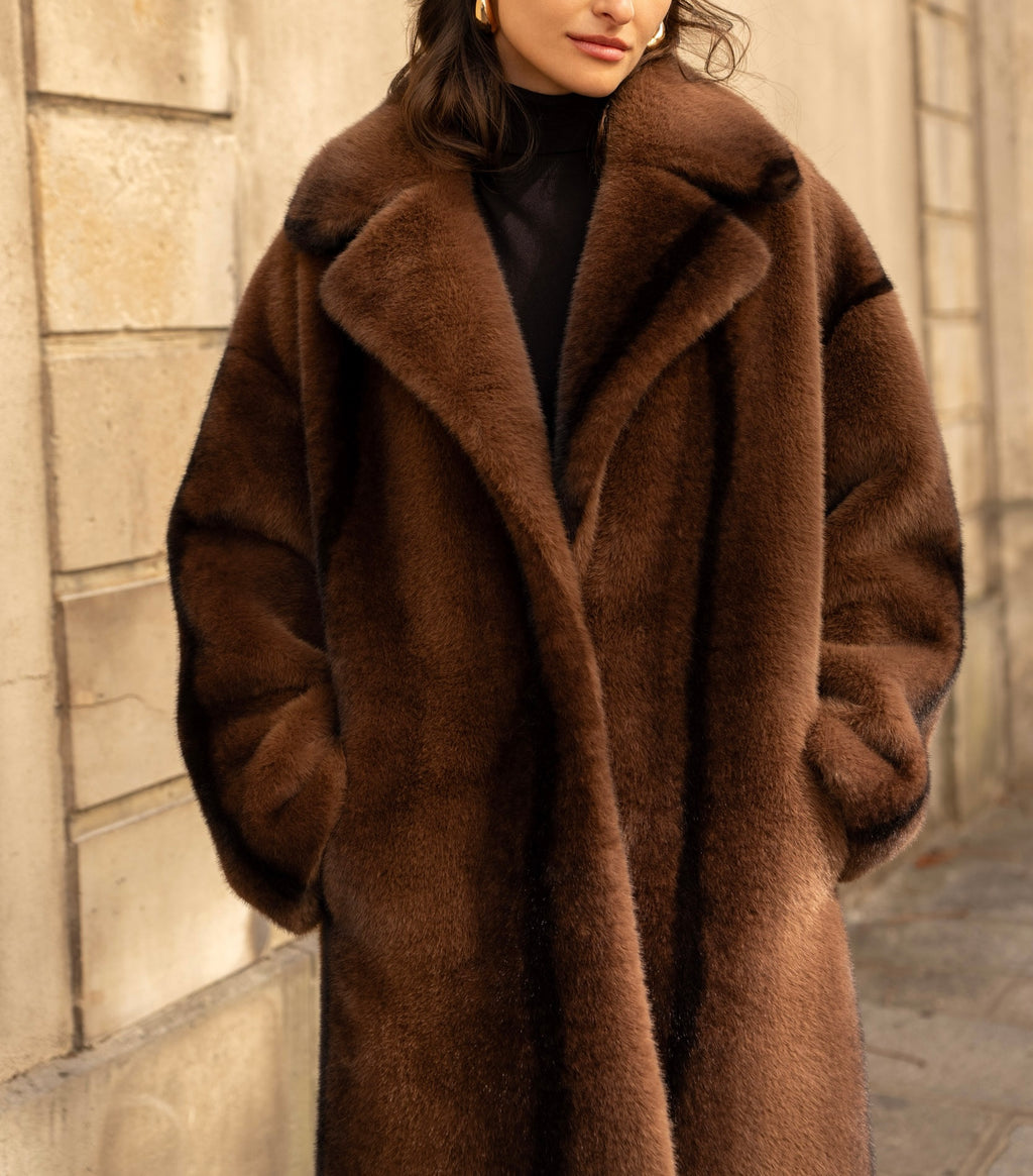 Manteau long en fausse fourrure Coffee/Black