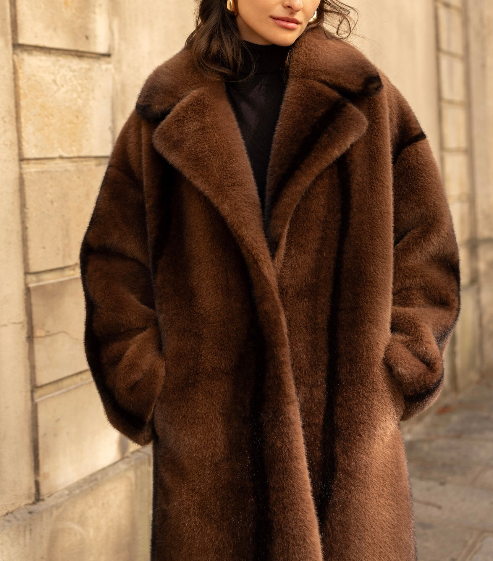 Manteau long en fausse fourrure Coffee/Black