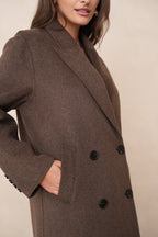Manteau long double-boutonnage en laine marron chocolat – Fait main